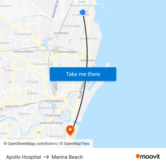 Apollo Hospital to Marina Beach map