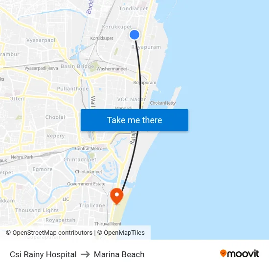 Csi Rainy Hospital to Marina Beach map