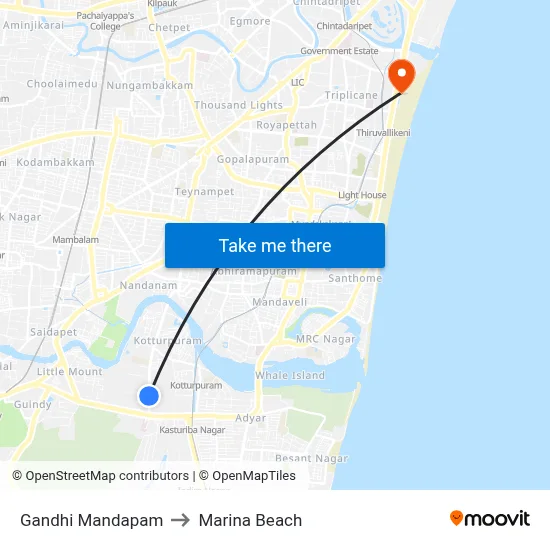 Gandhi Mandapam to Marina Beach map