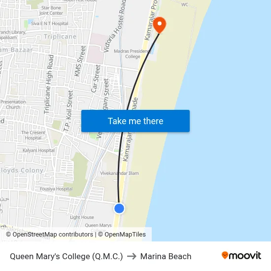Queen Mary's College (Q.M.C.) to Marina Beach map