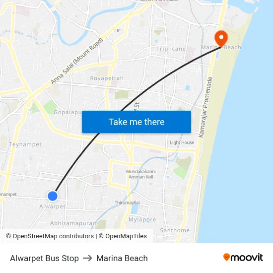 Alwarpet Bus Stop to Marina Beach map