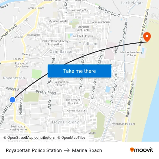 Royapettah Police Station to Marina Beach map