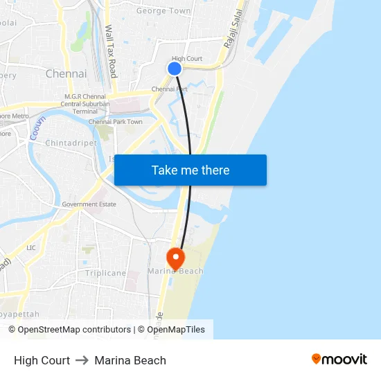 High Court to Marina Beach map