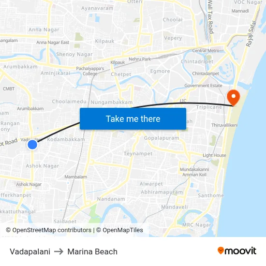Vadapalani to Marina Beach map