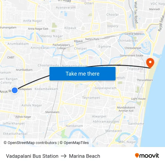 Vadapalani Bus Station to Marina Beach map