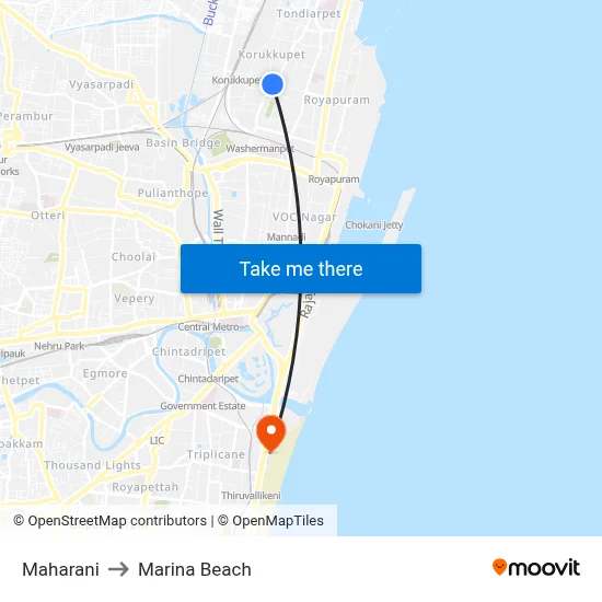 Maharani to Marina Beach map