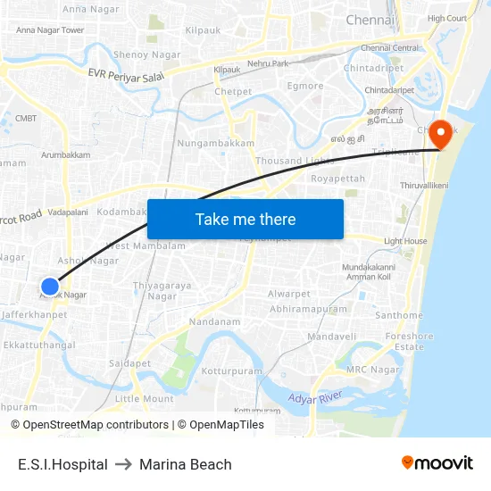 E.S.I.Hospital to Marina Beach map