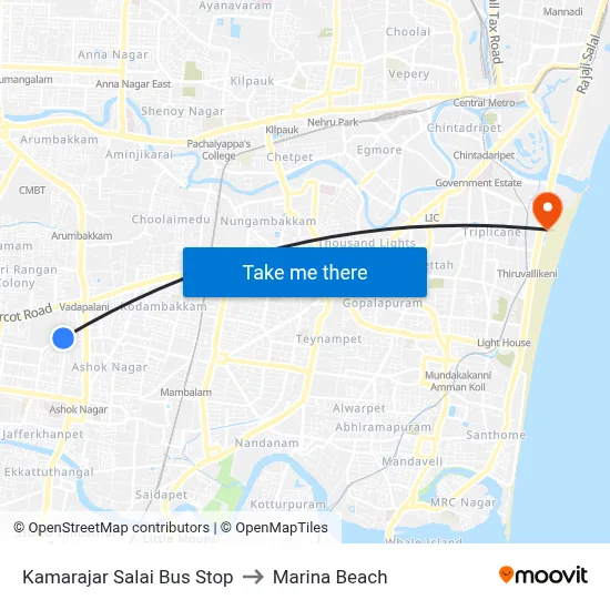 Kamarajar Salai Bus Stop to Marina Beach map