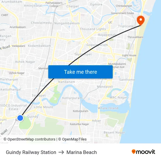 Guindy Railway Station to Marina Beach map