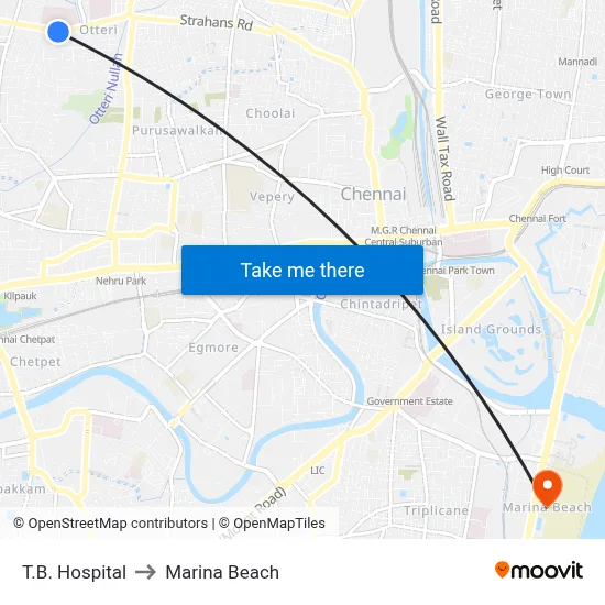 T.B. Hospital to Marina Beach map