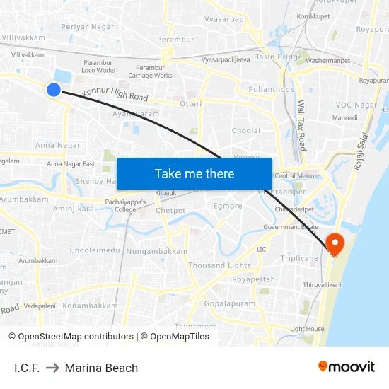 I.C.F. to Marina Beach map