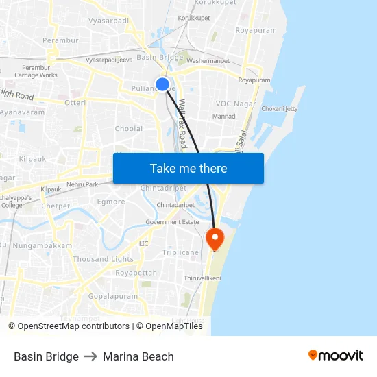 Basin Bridge to Marina Beach map