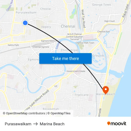 Purasawalkam to Marina Beach map
