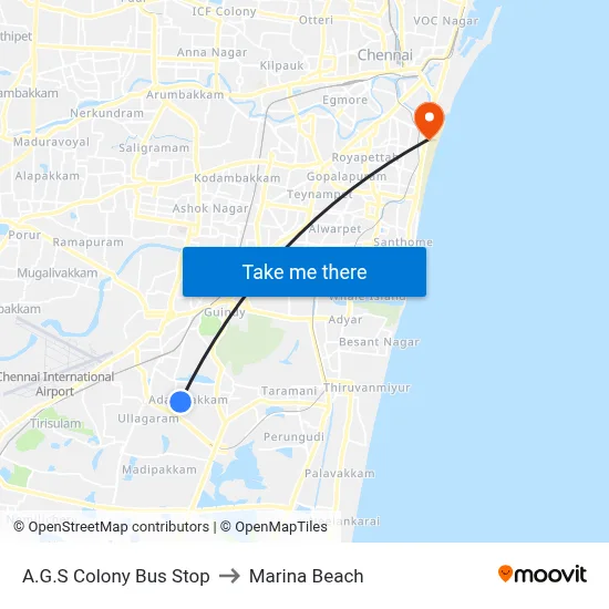 A.G.S Colony Bus Stop to Marina Beach map