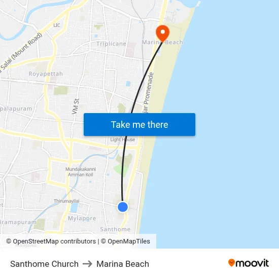 Santhome Church to Marina Beach map