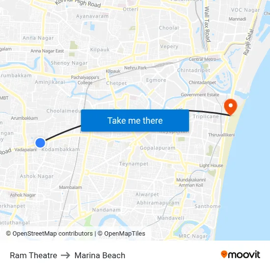 Ram Theatre to Marina Beach map
