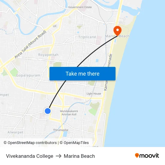 Vivekananda College to Marina Beach map