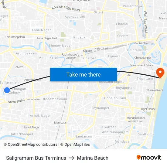 Saligramam Bus Terminus to Marina Beach map