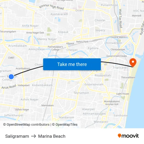 Saligramam to Marina Beach map