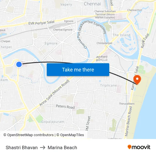 Shastri Bhavan to Marina Beach map