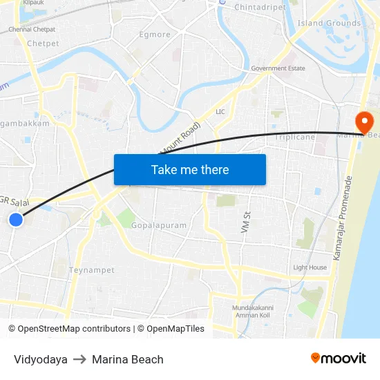 Vidyodaya to Marina Beach map