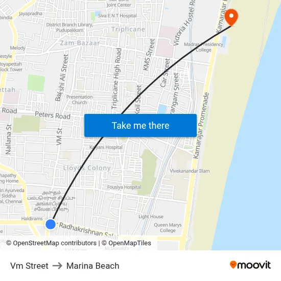 Vm Street to Marina Beach map