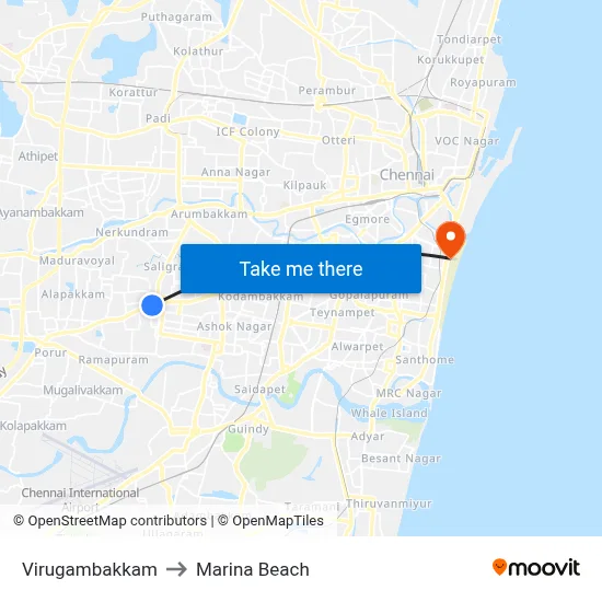 Virugambakkam to Marina Beach map