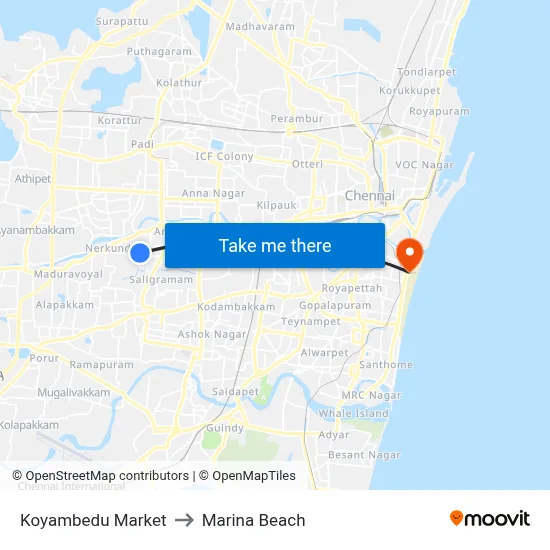 Koyambedu Market to Marina Beach map