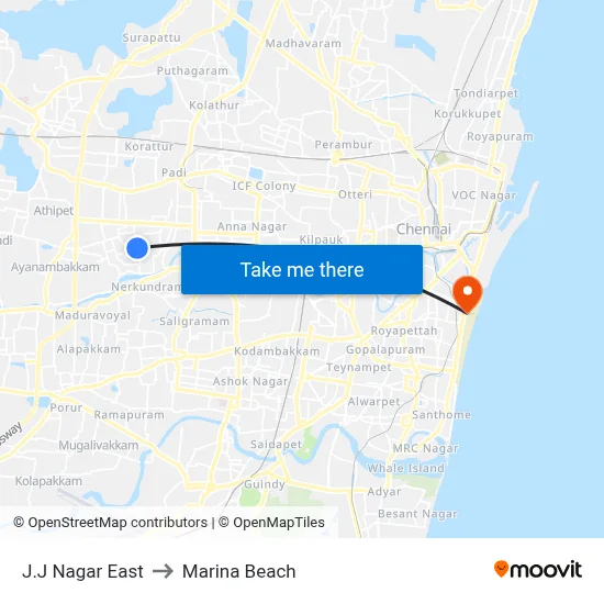 J.J Nagar East to Marina Beach map