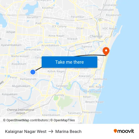 Kalaignar Nagar West to Marina Beach map