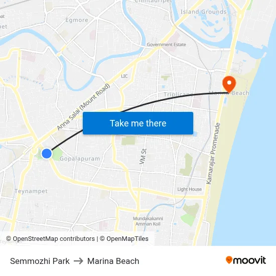 Semmozhi Park to Marina Beach map