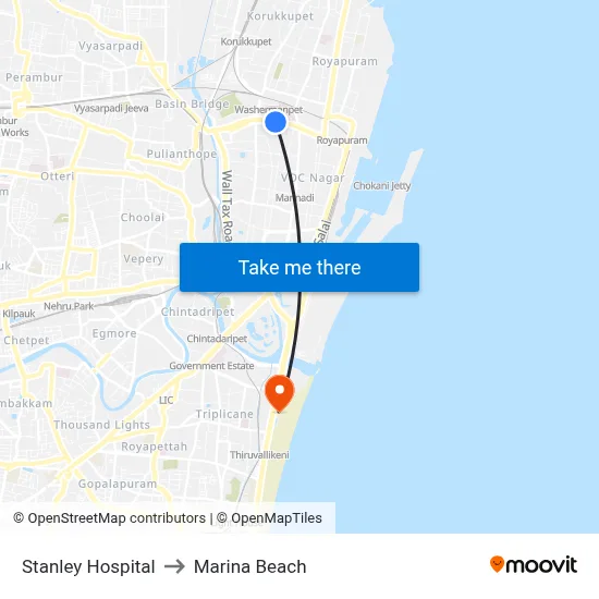Stanley Hospital to Marina Beach map