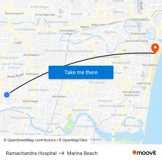 Ramachandra Hospital to Marina Beach map