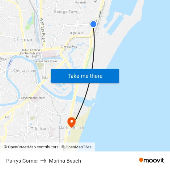 Parrys Corner to Marina Beach map