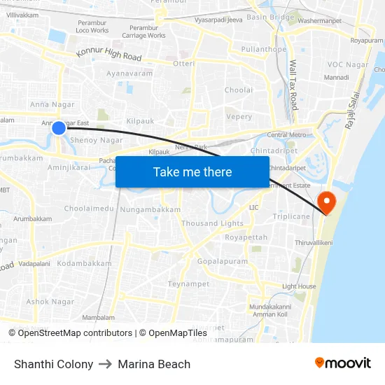 Shanthi Colony to Marina Beach map