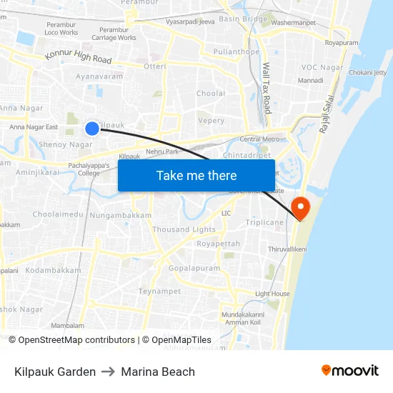 Kilpauk Garden to Marina Beach map