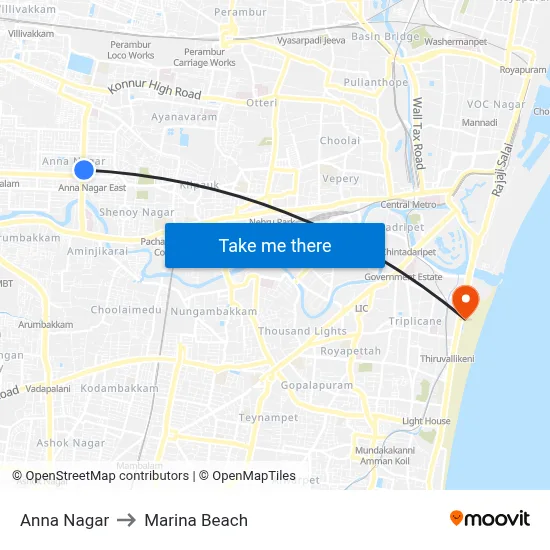 Anna Nagar to Marina Beach map