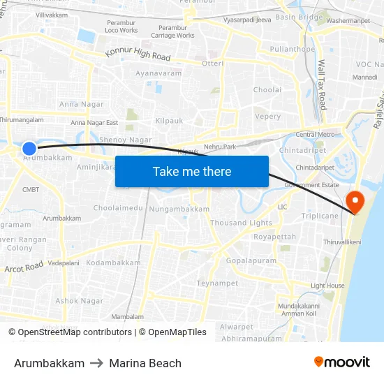 Arumbakkam to Marina Beach map