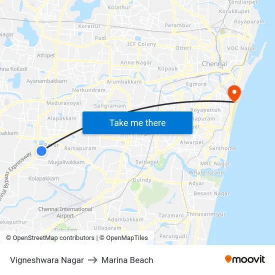Vigneshwara Nagar to Marina Beach map
