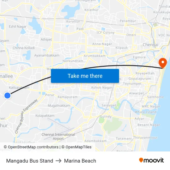 Mangadu Bus Stand to Marina Beach map
