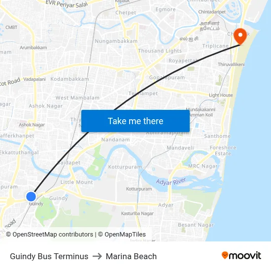 Guindy Bus Terminus to Marina Beach map