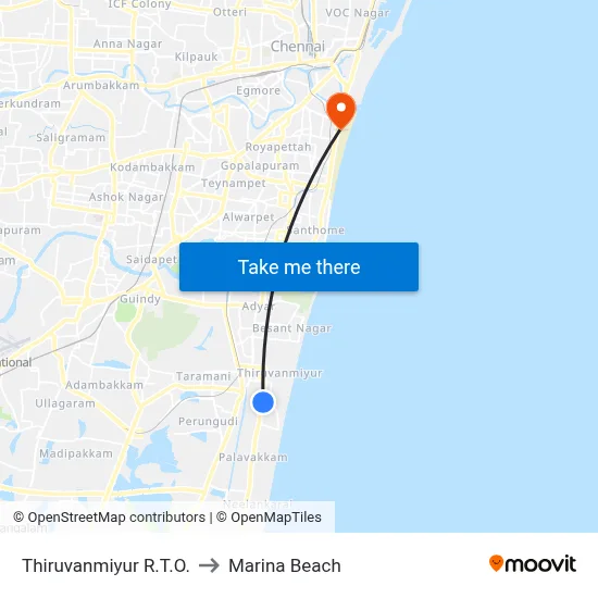 Thiruvanmiyur R.T.O. to Marina Beach map