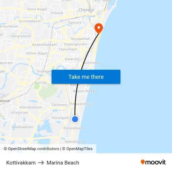 Kottivakkam to Marina Beach map