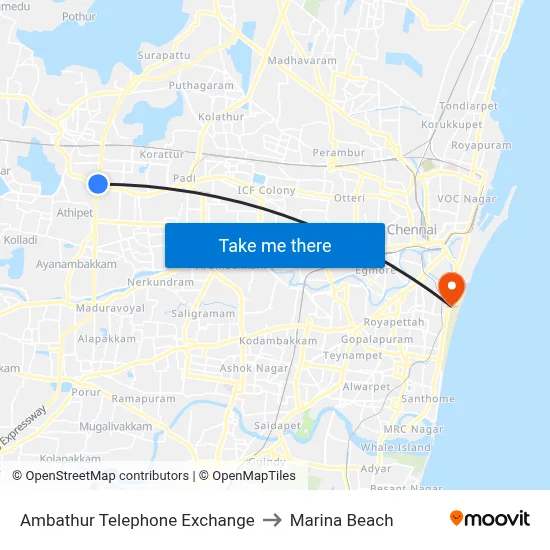 Ambathur Telephone Exchange to Marina Beach map