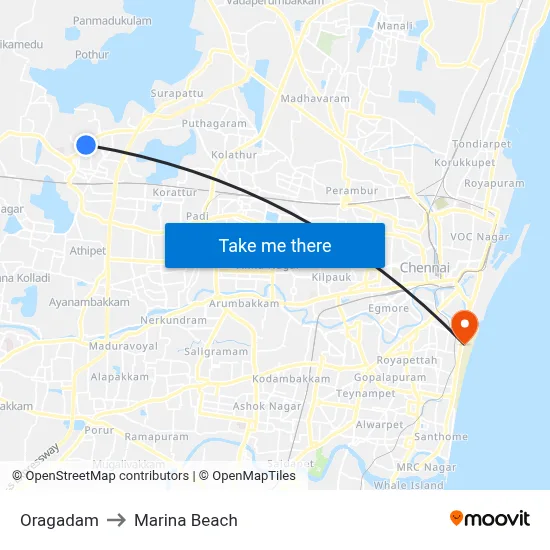 Oragadam to Marina Beach map