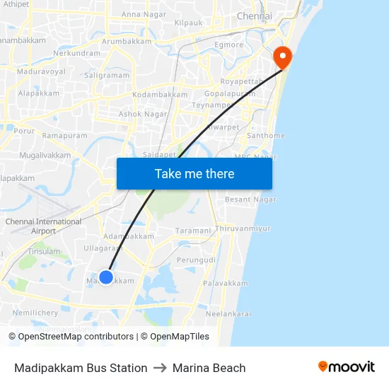 Madipakkam Bus Station to Marina Beach map