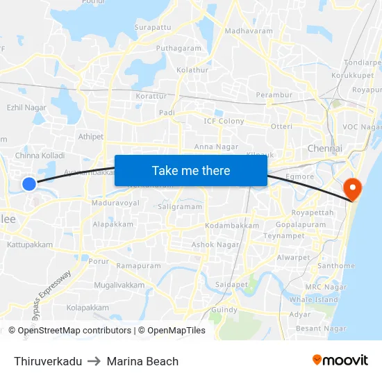 Thiruverkadu to Marina Beach map