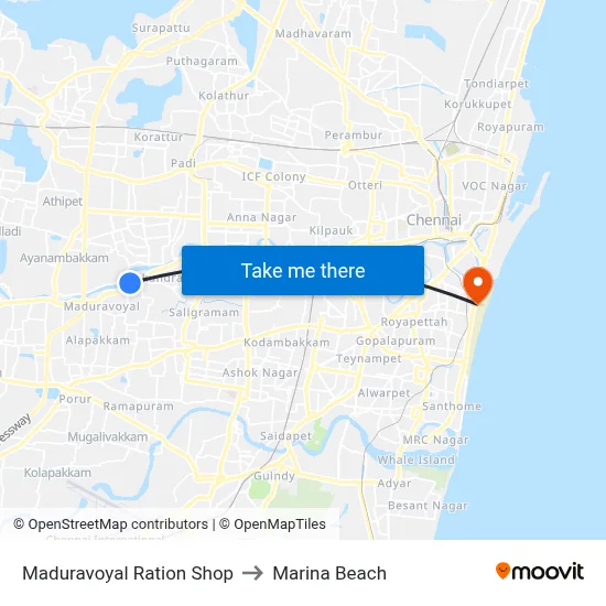 Maduravoyal Ration Shop to Marina Beach map