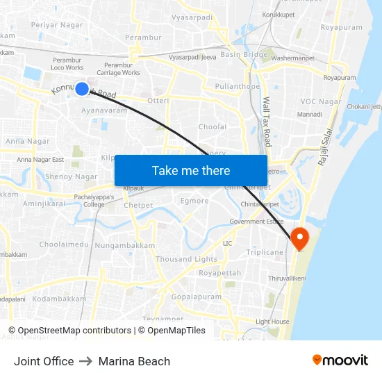 Joint Office to Marina Beach map
