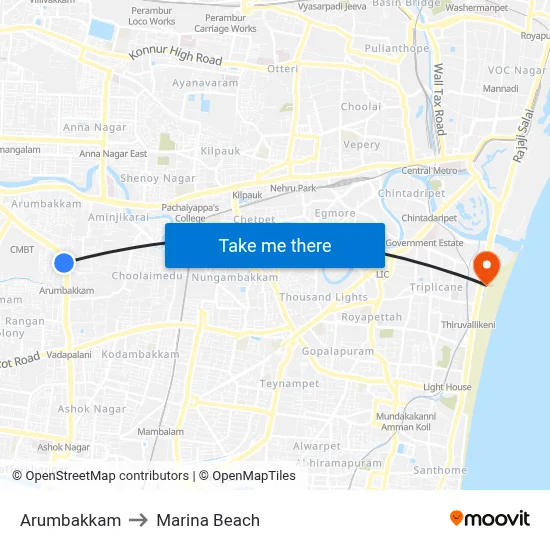 Arumbakkam to Marina Beach map
